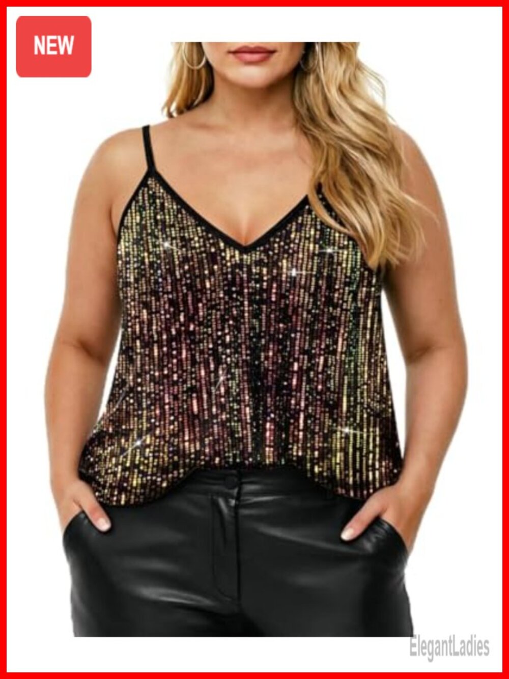 Plus size sequin tank V-neck shimmer sleeveless spaghetti strap party top